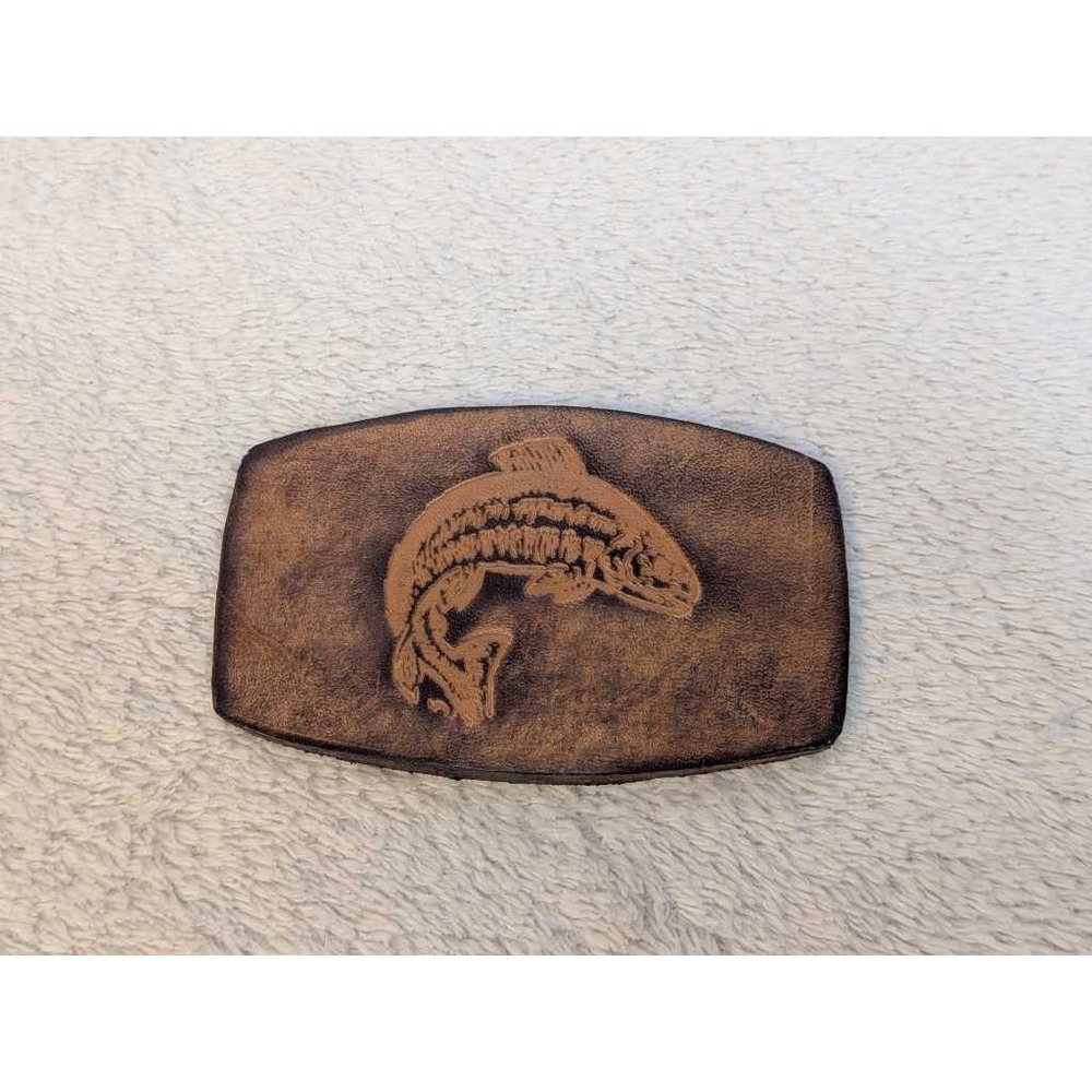 Vintage Leather Embossed Fish Buckle Western Style Fishing Trophy Patch